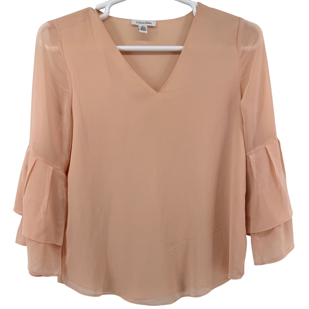 Calvin Klein Blouse Women S Peach V-Neck Tiered Ruffle Bell Sleeve Polyester Top